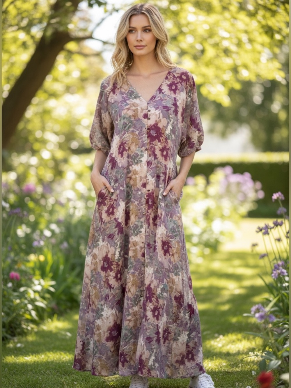 Calme by Johnny Was Watercolor Floral Button Front Maxi Dress Boho XS